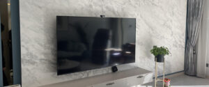 Mounted TV on a concrete wall in a modern living room