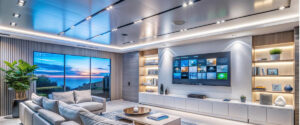 Modern living room with wall-mounted TV at optimal height