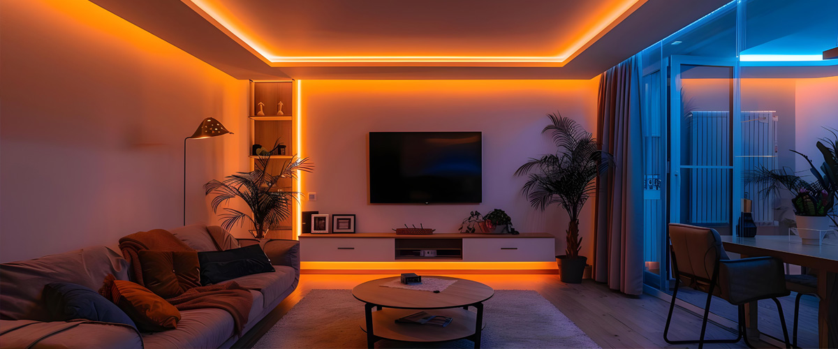 Cozy modern living room with orange LED strip lights installed along ceiling and shelves