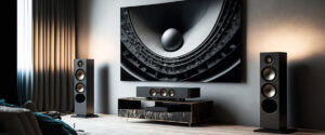 Modern surround sound system setup with center speaker and subwoofer in a stylish home entertainment room