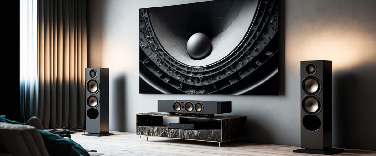 Modern surround sound system setup with center speaker and subwoofer in a stylish home entertainment room
