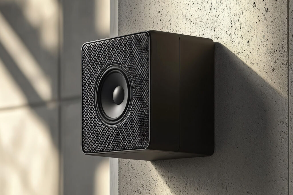 Wall-mounted black speaker installed for surround sound setup