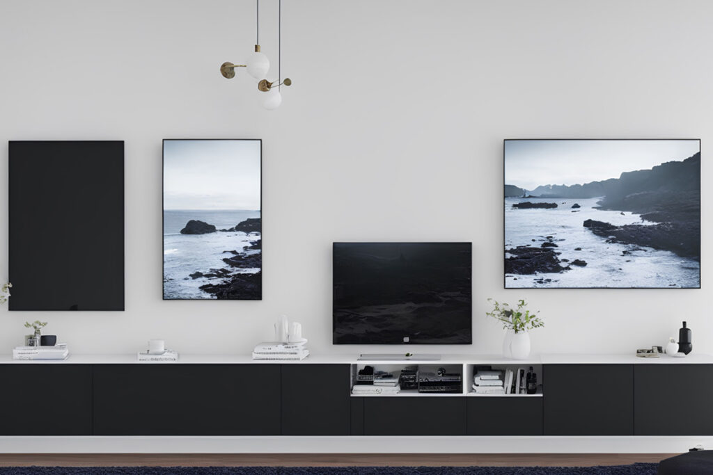 Modern living room with mounted TV, artwork, and LED shelf lighting