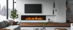 Living room with wall-mounted TV above fireplace and modern decor