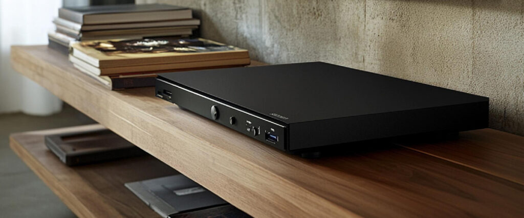 Floating wooden TV/media shelf mounted on a wall with electronics and books neatly arranged