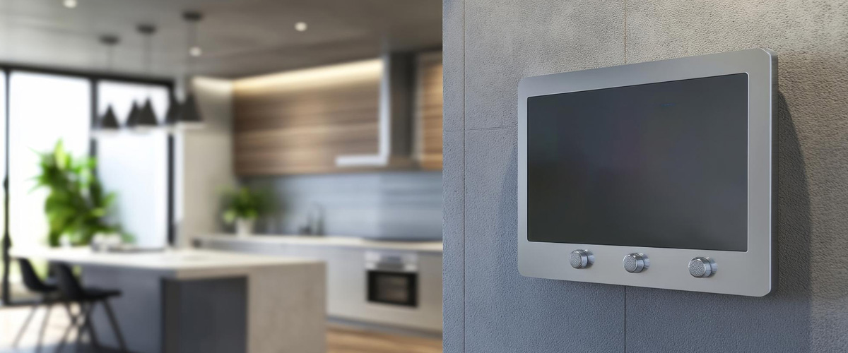 Smart home control panel mounted on a kitchen wall, part of integrated home automation setup
