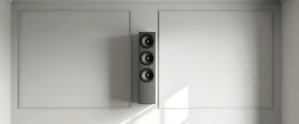 High-quality bookshelf speaker mounted on a modern wall panel, part of a professional home audio setup