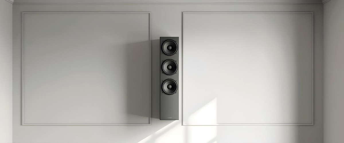 High-quality bookshelf speaker mounted on a modern wall panel, part of a professional home audio setup