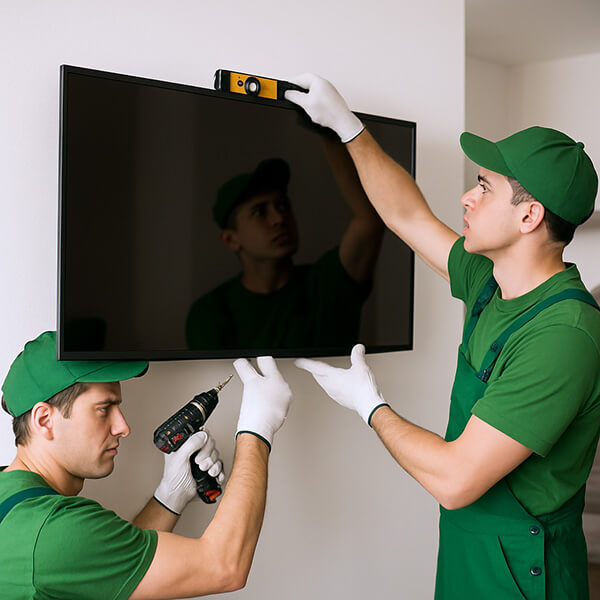 Two professional installers mounting a flat-screen TV on a wall.