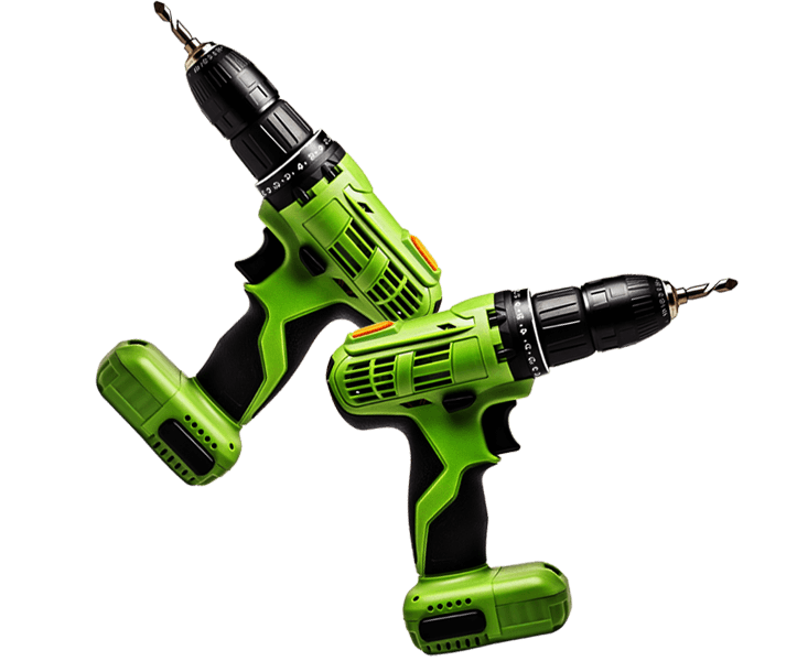 Two green electric drills crossed on a white background
