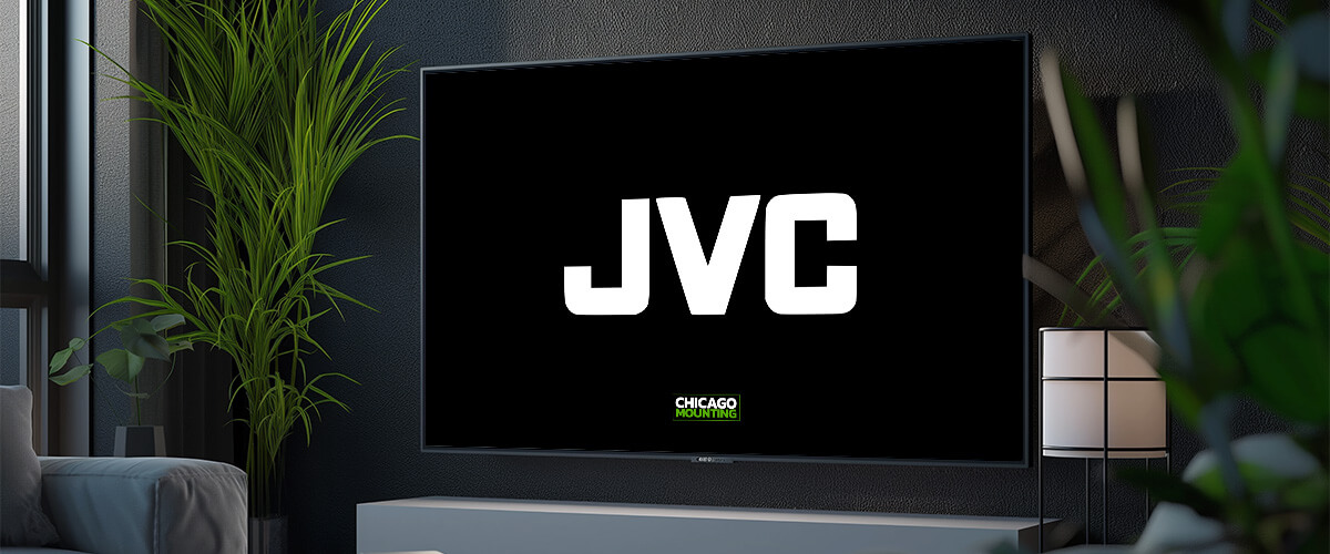 JVC TV mounted on a wall in a modern room by Chicago Mounting