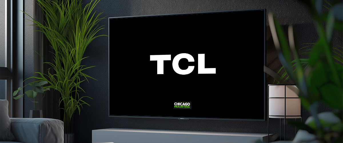 TCL TV mounted on a wall in a modern living room by Chicago Mounting.