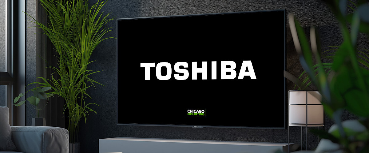 Toshiba TV mounted on a wall in a modern living space by Chicago Mounting.
