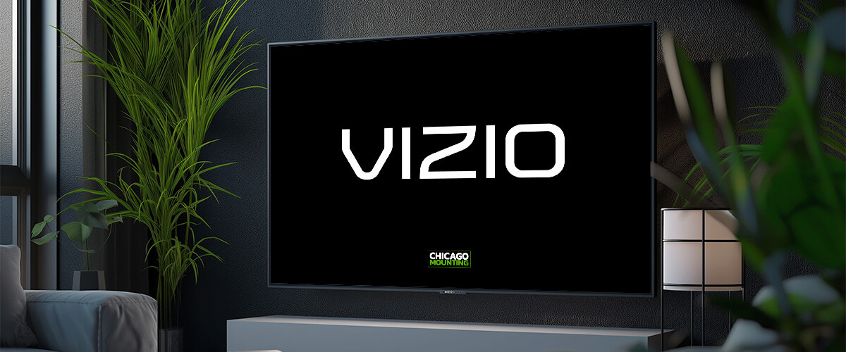 Vizio TV mounted on a wall in a modern living space by Chicago Mounting.