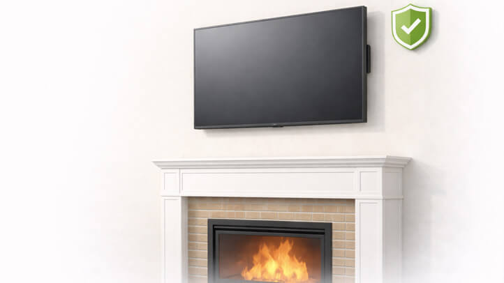 Clean fireplace TV installation with hidden power and cables