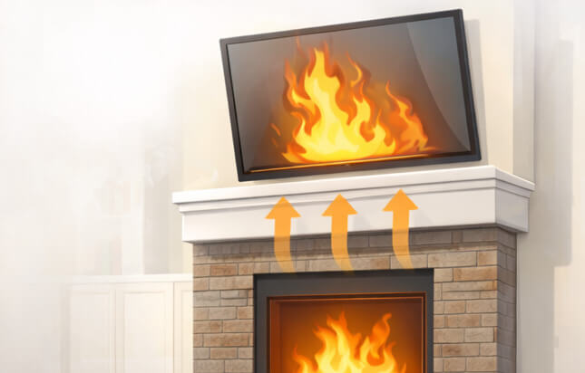 Hot air rising from a fireplace toward a TV mounted above the mantel, illustrating heat exposure risk.