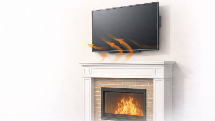 Warm air rising from a fireplace and safely deflecting away from a TV mounted above, showing proper heat ventilation.