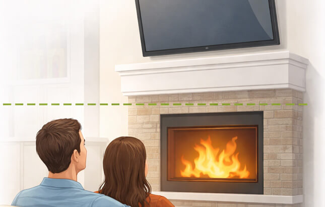 TV mounted above a fireplace shown higher than seated eye level, illustrating an improper viewing height.