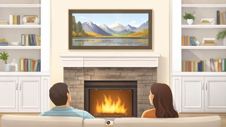 Art-style TV mount above a fireplace designed to look like framed artwork