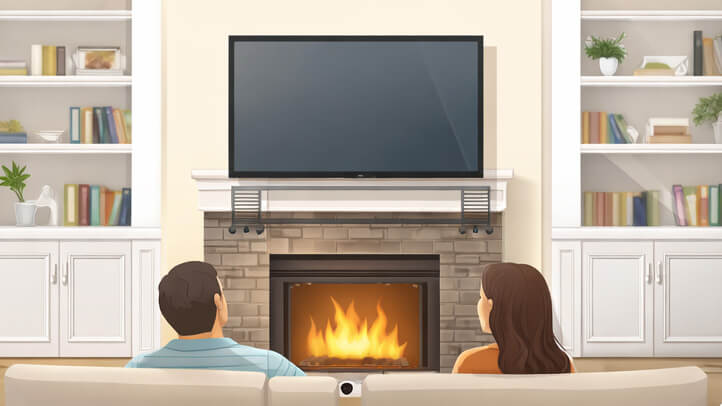 Pull-down TV mount above a fireplace lowered to eye level for comfortable viewing