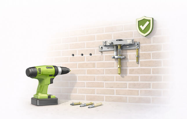 TV mount being installed into a brick wall with masonry anchors, showing proper structural support and avoiding drywall-only mounting.