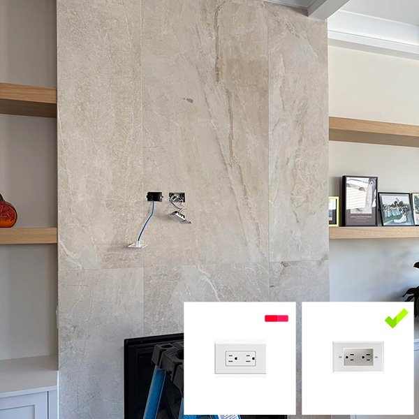 Recessed outlet installation behind tile for flush LG G5 TV mounting in Chicago