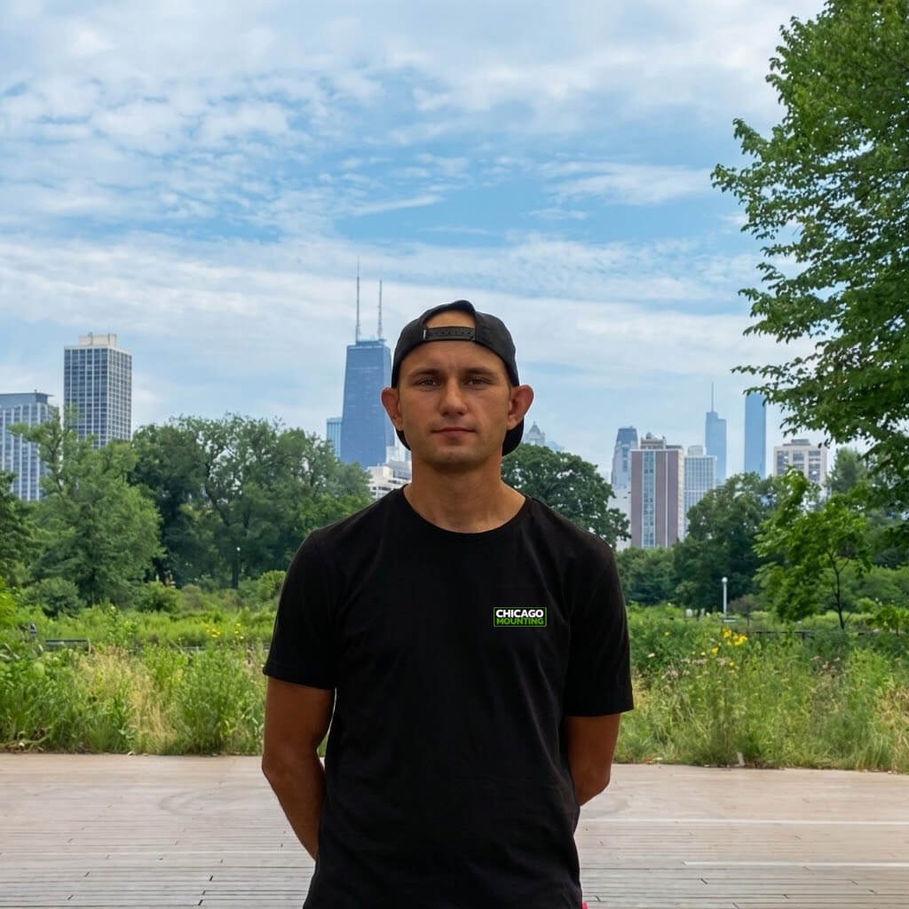 Ross, founder of Chicago Mounting, standing outdoors with Chicago skyline in the background