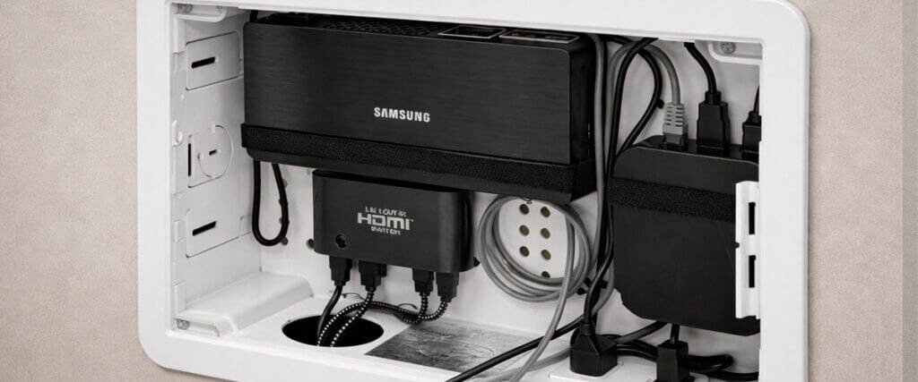 recessed media box installation behind wall mounted TV in Chicago